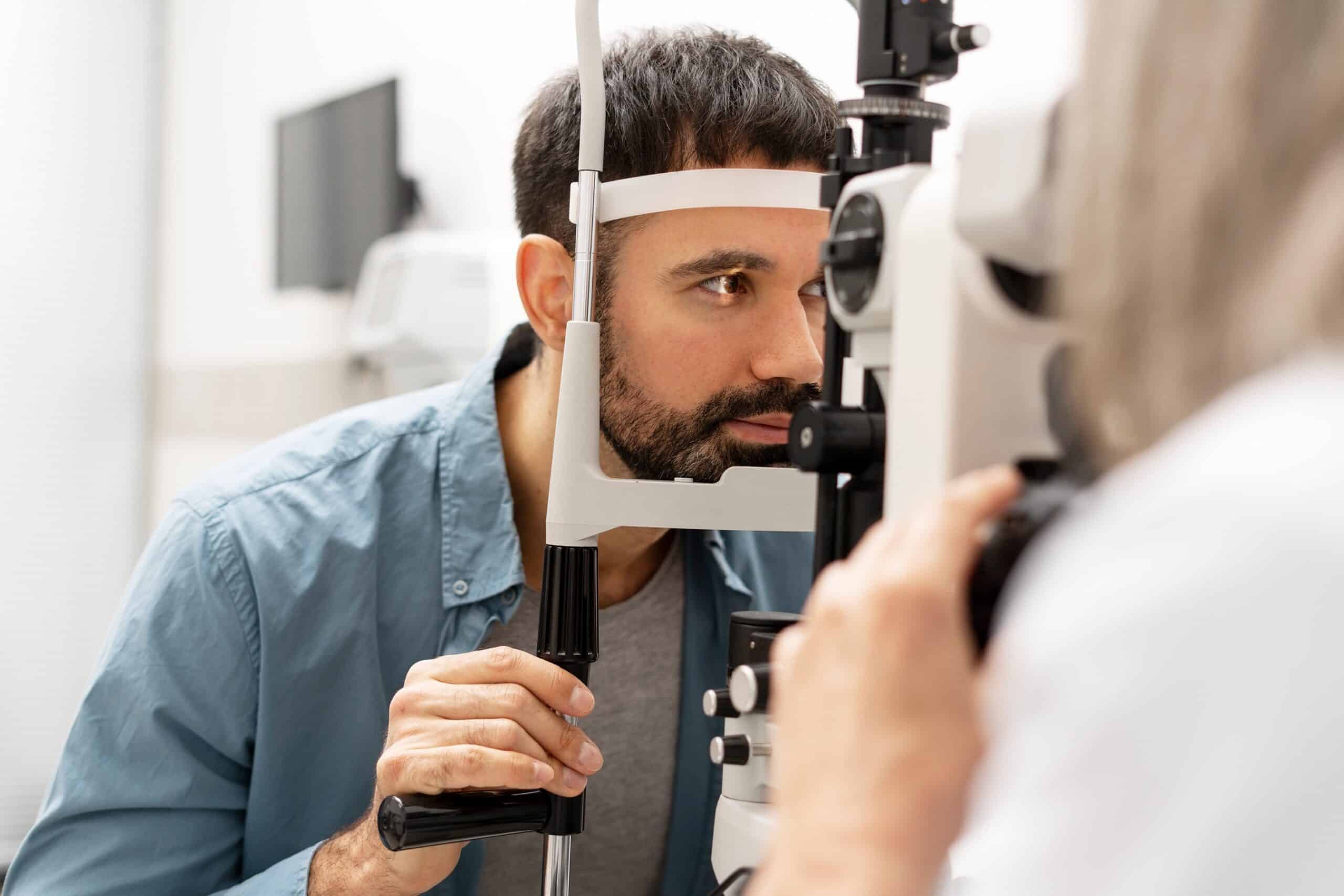 Eye doctor examining a patient with a slit lamp microscope